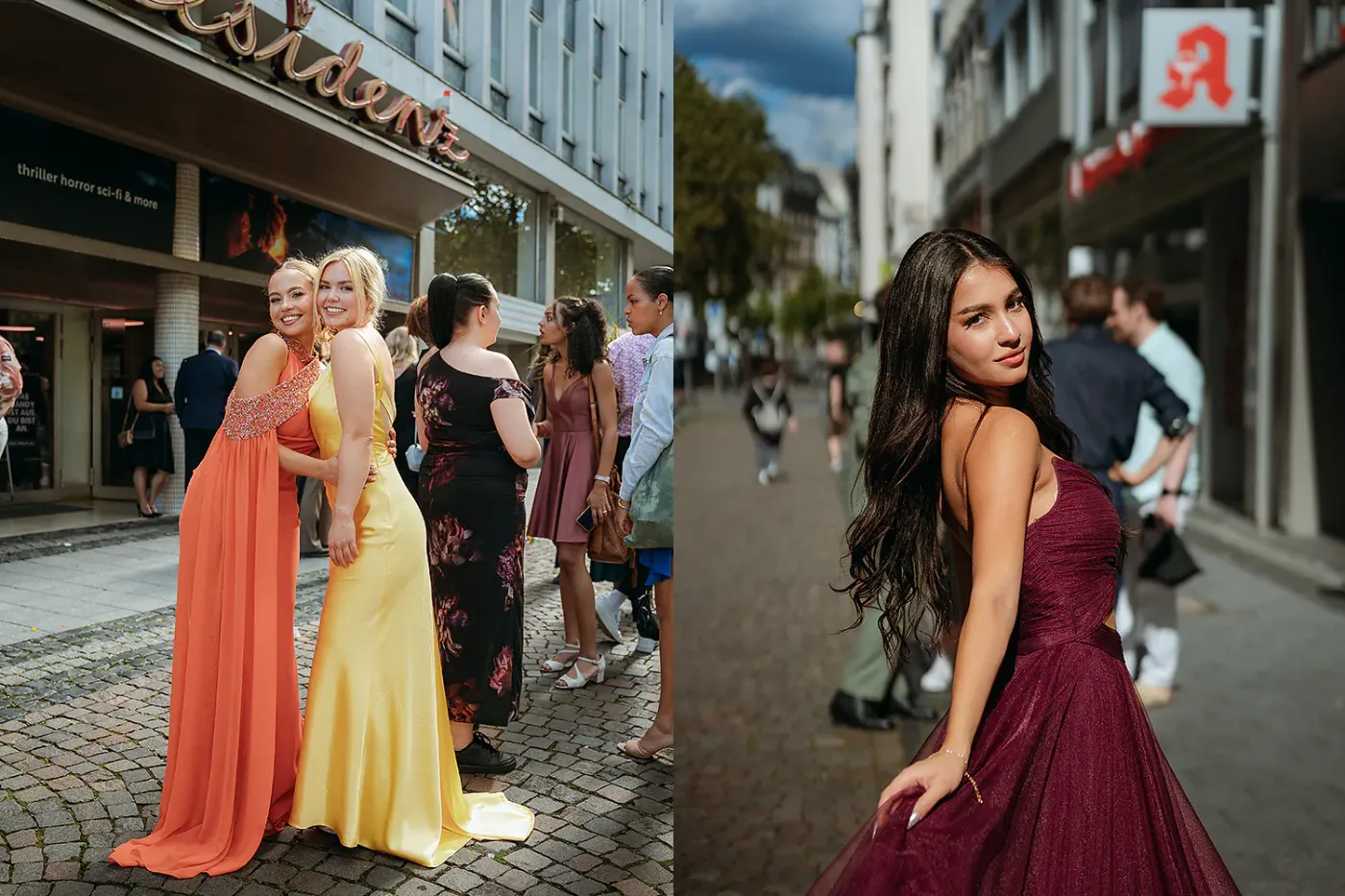 Absolventinnen in langen Abendkleidern vor dem Kino und in der Kölner Innenstadt